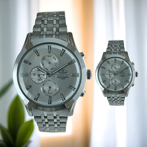 ساعت زنانه و مردانه ست الگانس سه موتوره دیت بند فلزی استیل صفحه روشن