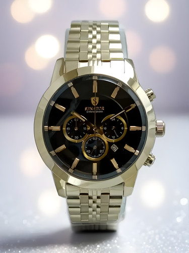 ساعت مردانه سناتور بند فلزی طلایی صفحه مشکی