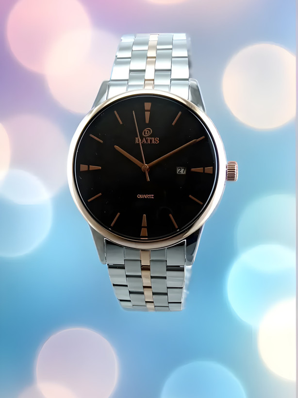 ساعت ست بند فلز داتیس کلاسیک دورنگ مسی صفحه مشکی