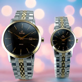 ساعت ست زنانه و مردانه داتیس بند فلزی دورنگ طلایی صفحه مشکی