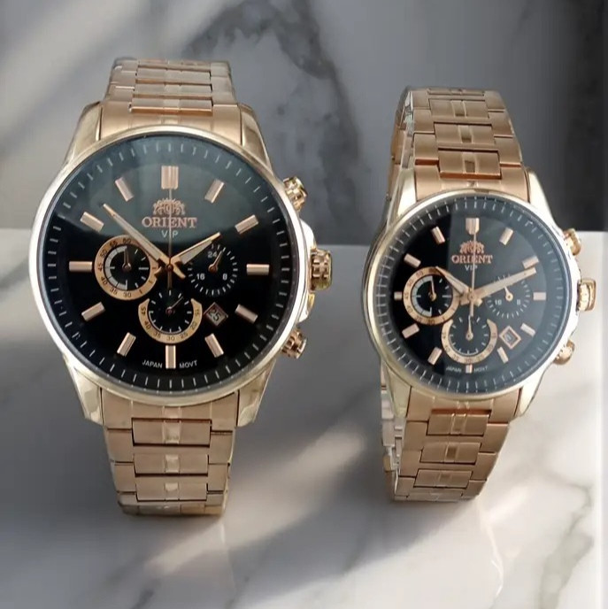 ساعت ست کورنوگراف اورینت بند فلزی رزگلد صفحه مشکی