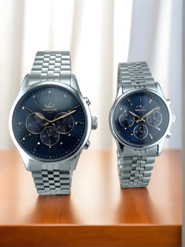 ساعت ست الگانس اسپرت سه موتوره دیت استیل صفحه سورمه ای