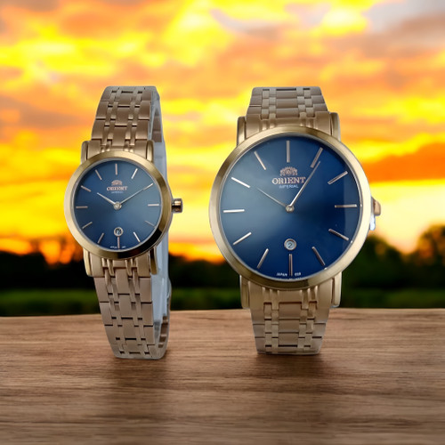 ساعت ست اورینت کلاسیک رنگ مسی صفحه سورمه ای