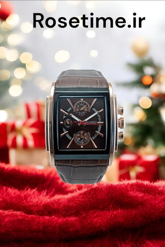 ساعت هومیس چهارگوش سه موتوره دیت بند چرم قهوه ای