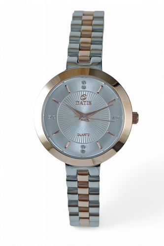 ساعت زنانه داتیس با بند فلزی ظریف دو رنگ استیل رزگلد و صفحه سفید