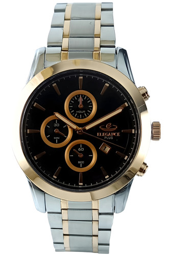 ساعت مچی مردانه الگانس بند فلزی دو رنگ استیل مسی با صفحه مشکی