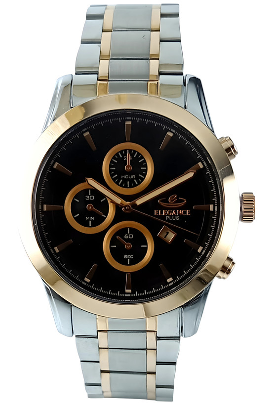 ساعت مچی مردانه الگانس بند فلزی دو رنگ استیل مسی با صفحه مشکی