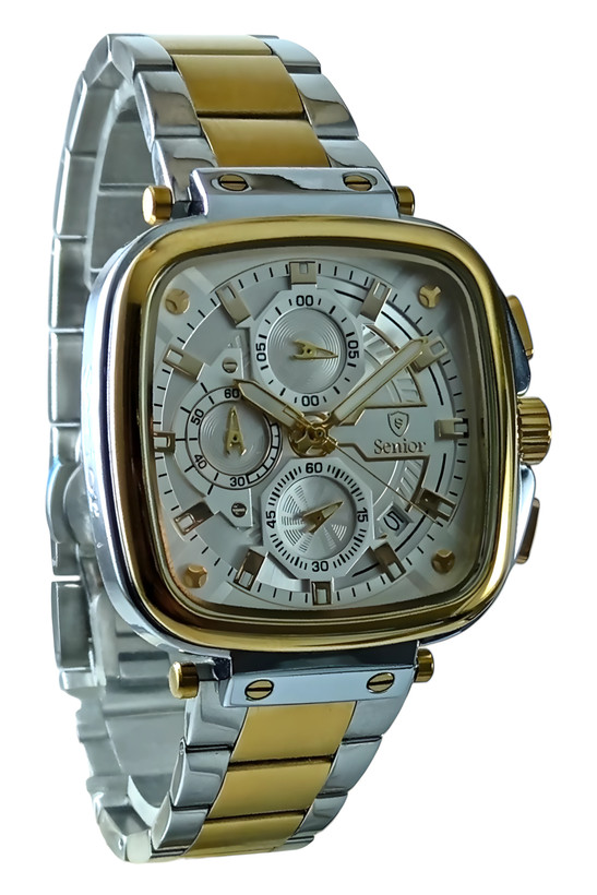 ساعت مچی بند فلزی دو رنگ استیل طلایی با صفحه سفید و نشانگرهای شب نما