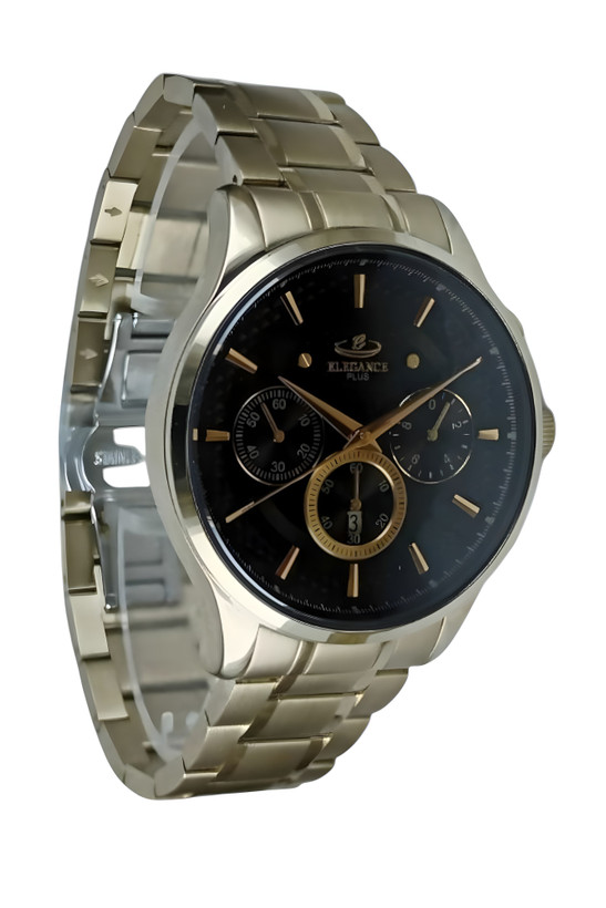 ساعت مچی مردانه اسپرت طرح سه موتوره با بند فلزی طلایی و صفحه مشکی