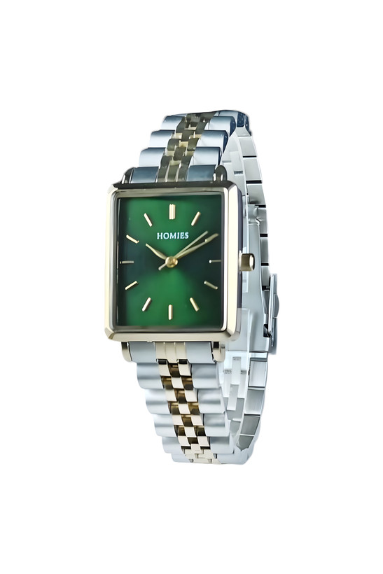 ساعت زنانه چهارگوش هومیس با قاب طلایی و صفحه سبز