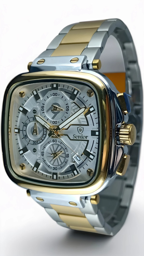 ساعت مچی مردانه کورنوگراف سینیور با قاب چهارگوش و بند دو رنگ استیل طلایی