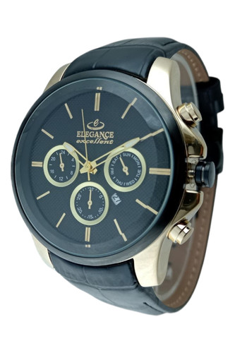 ساعت مچی اسپرت مردانه الگانس با بند چرم مشکی و قاب طلایی