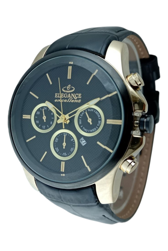 ساعت مچی اسپرت مردانه الگانس با بند چرم مشکی و قاب طلایی