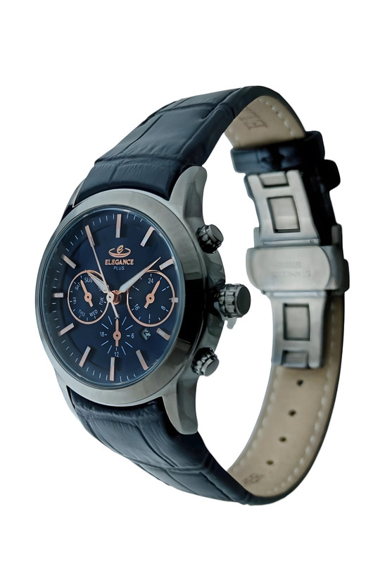 ساعت مچی زنانه الگانس پلاس با بند چرم مشکی و قاب دودی رنگ و صفحه سرمه ای