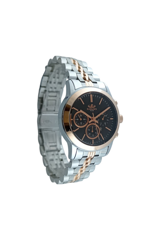 ساعت زنانه طرح سه زمانه الگانس با صفحه تیره و نشانگرهای رزگلد و شیشه رنگی