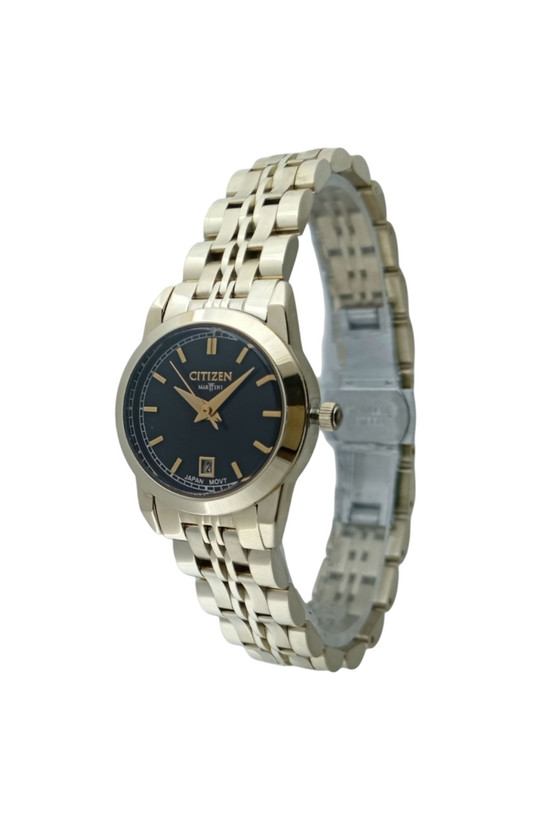 ساعت مچی زنانه سیتیزن با رنگ قاب و بند طلایی و صفحه مشکی