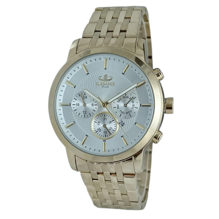 ساعت مچی مردانه بند فلزی الگانس طرح سه موتوره با رنگ طلایی و صفحه روشن