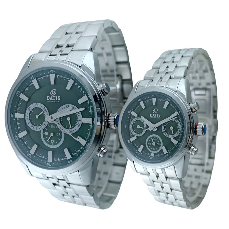ساعت مچی زنانه و مردانه داتیس سه موتوره با بند فلزی استیل و صفحه سبز لوکس