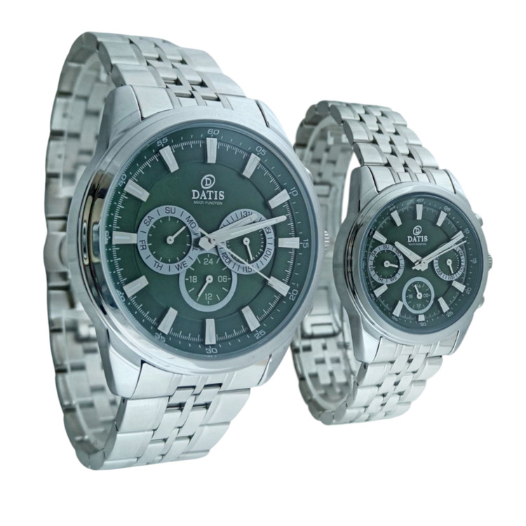 ساعت مچی ست زنانه و مردانه سه موتوره با بند استیل و صفحه سبز با نشانگرها و عقربه های رنگ سیلور