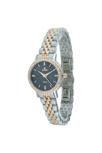 ساعت مچی زنانه داتیس با بند فلزی دورنگ استیل رز و قاب نگین دار با صفحه مشکی