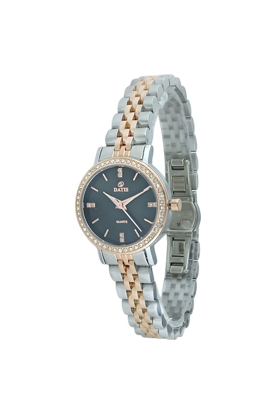 ساعت مچی زنانه داتیس با بند فلزی دورنگ استیل رز و قاب نگین دار با صفحه مشکی
