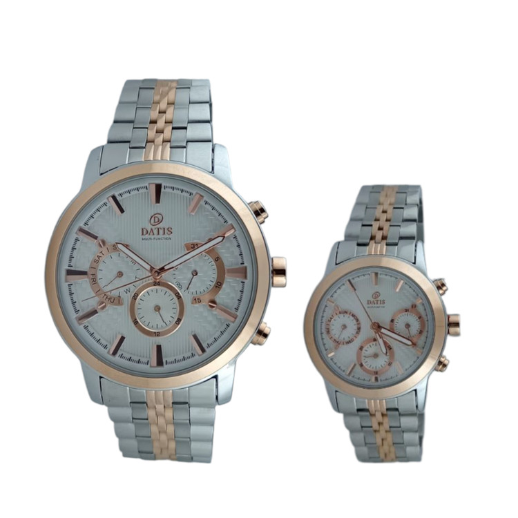 ساعت مچی ست زنانه و مردانه داتیس سه موتوره با بند فلزی دو رنگ استیل رزگلد و صفحه سفید