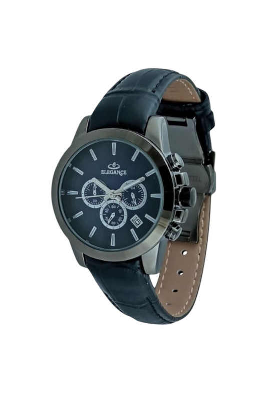 ساعت زنانه بند چرم الگانس طرح سه موتوره با رنگ بند مشکی و صفحه سرمه ای تیره