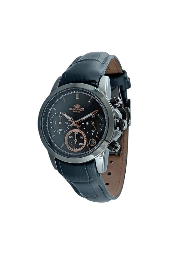 ساعت مچی اسپرت زنانه الگانس سه موتوره فعال با بند چرم مشکی و قاب رنگ نوک مدادی و صفحه رنگ دودی