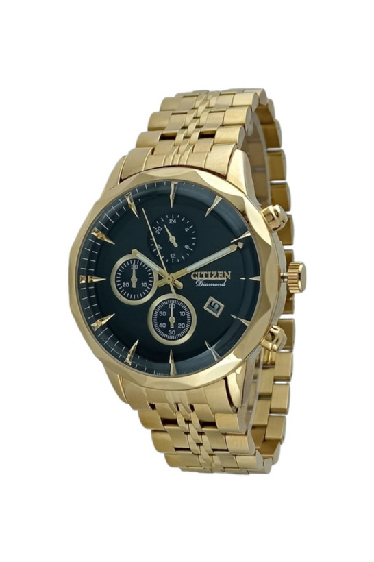 ساعت مچی مردانه سیتیزن طرح سه زمانه با بند فلزی طلایی و صفحه مشکی با ظاهر لوکس و جدید