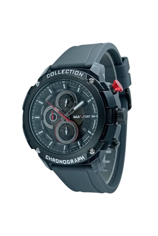 ساعت اسپرت مردانه مکس فورت بند رابر طوسی رنگ با قاب فلزی مشکی و ظاهر لوکس و لاکچری اسپرت