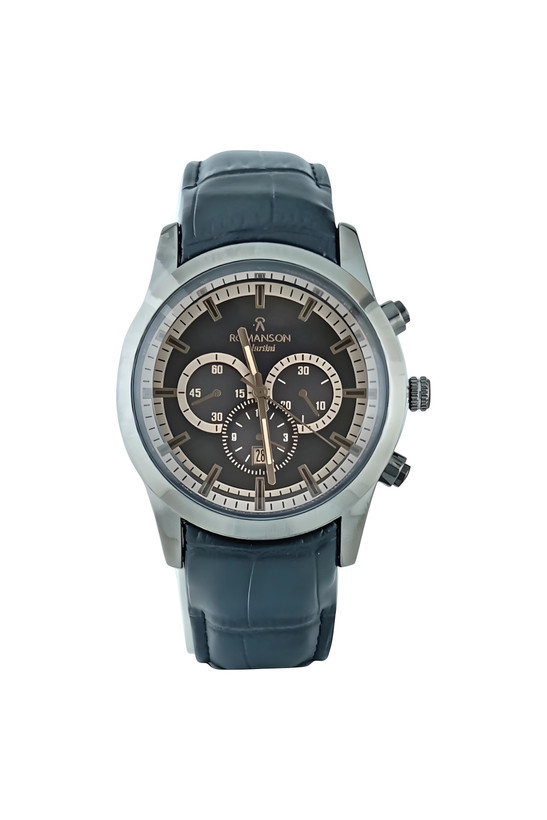 ساعت مردانه اسپرت بند چرم رومانسون بند چرم مشکی با قاب رنگ دودی و صفحه دو رنگ جذاب