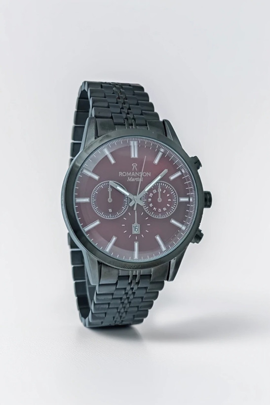 ساعت مچی مردانه رومانسون بدنه فلزی با رنگ مشکی و رنگ صفحه زرشکی