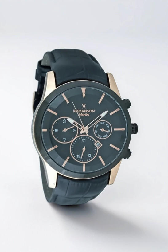 ساعت اسپرت مردانه رومانسون با بند چرم مشکی و قاب رنگ رزگلد و صفحه مشکی
