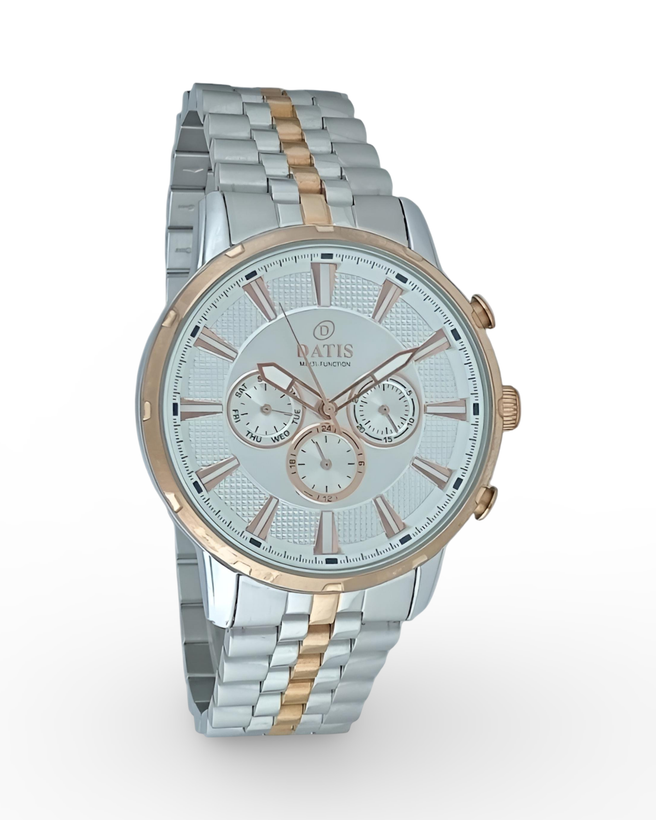 ساعت مچی اسپرت مردانه داتیس با بند فلزی دو رنگ استیل رزگلد و قفل پروانه ای