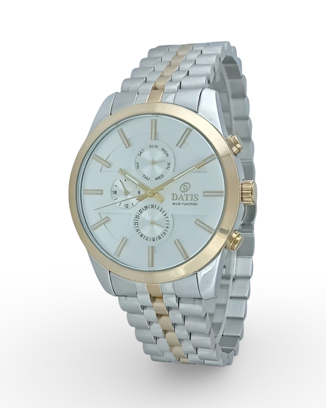 ساعت مچی مردانه داتیس با بدنه فلزی دو رنگ استیل طلایی و رنگ صفحه سیلور با قفل پروانه ای
