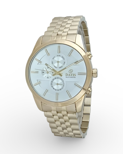 ساعت مچی مردانه داتیس،سه موتوره فعال مدل دیت با بدنه فلزی رنگ طلایی و رنگ صفحه روشن با قفل پروانه ای