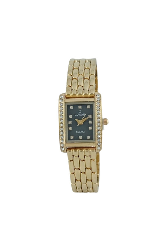 ساعت زنانه کوونت با بند فلزی طلایی رنگ و صفحه مشکی و نشانگرهای نگین