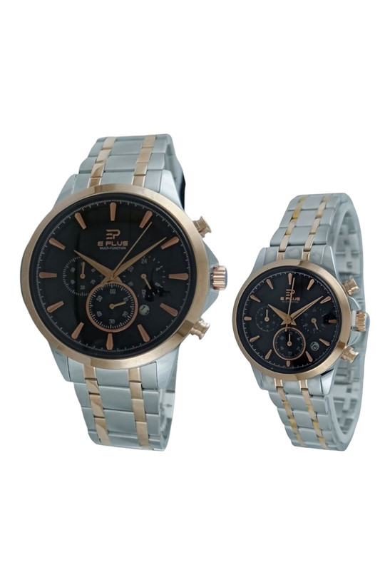 ست ساعت زنانه و مردانه e plus با بند فلزی دو رنگ استیل رزگلد و رنگ صفحه تیره