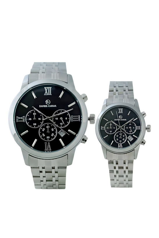 ست ساعت مچی دنیل سزار زنانه و مردانه بند استیل صفحه مشکی سه موتوره کورنوگراف