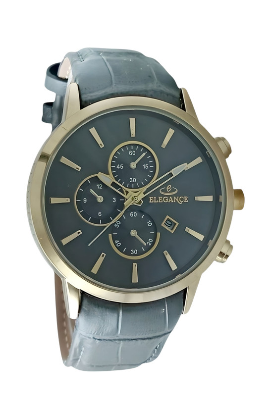 ساعت مردانه شیک با موتور ژاپنی، بند چرم طوسی و قاب طلایی