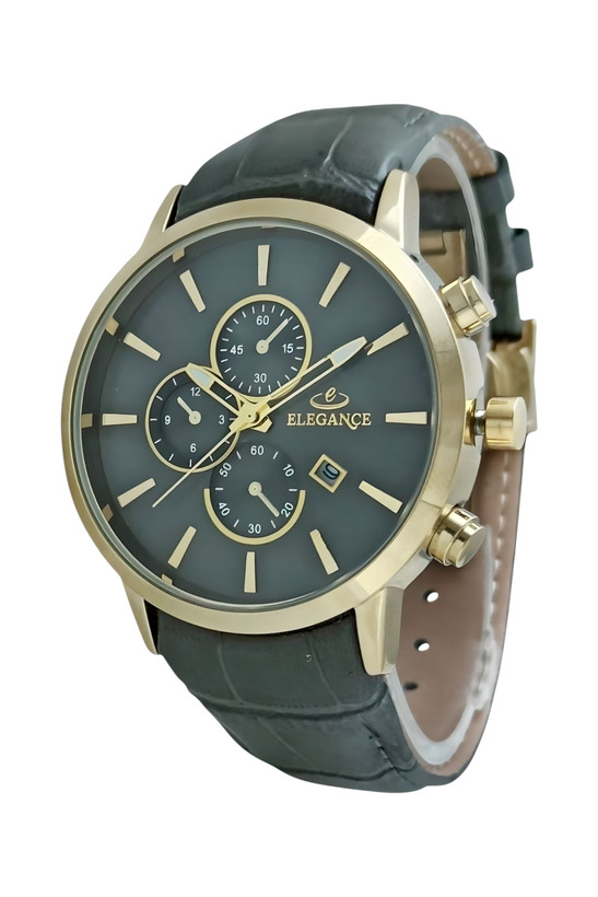 ساعت مچی مردانه اسپرت بند چرمی طوسی قاب طلایی طرح سه موتوره الگانس