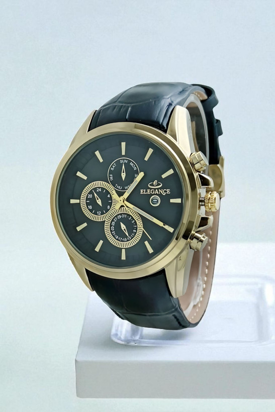 ساعت مردانه الگانس با قاب طلایی و صفحه مشکی - طرح سه موتوره