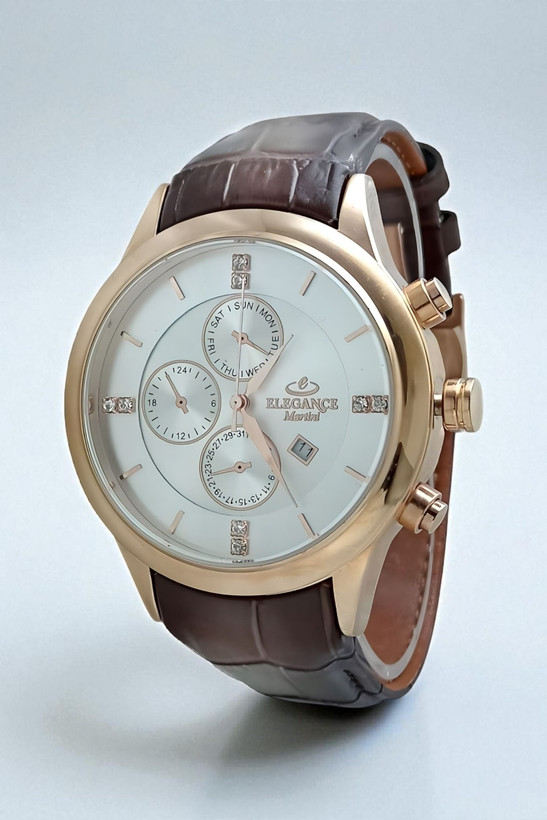 ساعت مچی مردانه الگانس سه موتوره بند چرم قهوهای قاب رزگلد