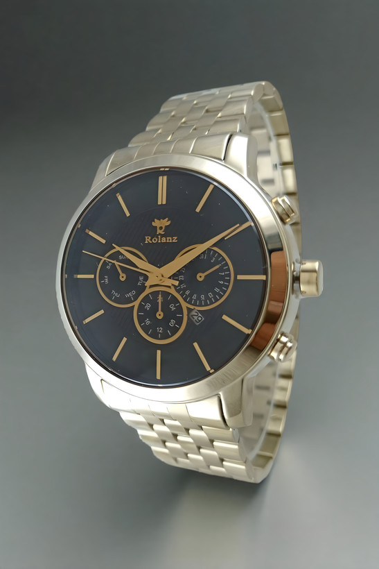 ساعت مچی مردانه رولنز طلایی اسپرت بند فلزی صفحه تیره موتور ژاپن