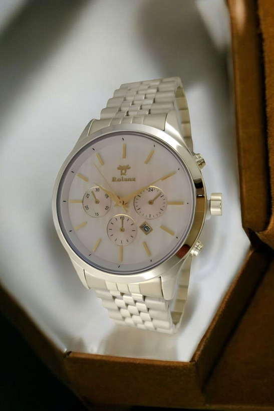 ساعت مچی مردانه رولنز بند فلزی طلایی با صفحه روشن و طرح سه موتوره