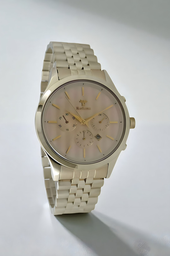 ساعت مردانه بند رولکسی طلایی موتور ژاپن تاریخدار با بند استیل و گارانتی