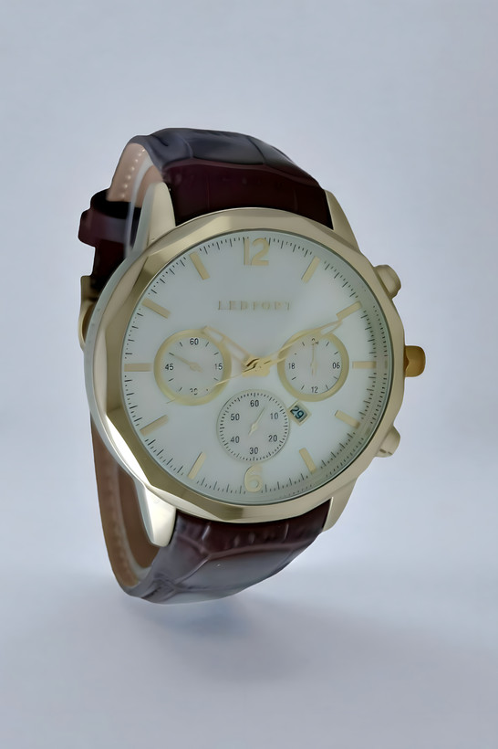 ساعت مچی مردانه لدفورت بند چرم قهوهای قاب طلایی صفحه روشن