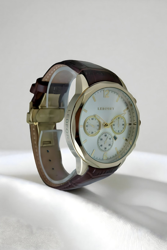 ساعت مردانه بند چرمی لدفورت قاب چند وجهی طلایی شیک مخصوص کادو