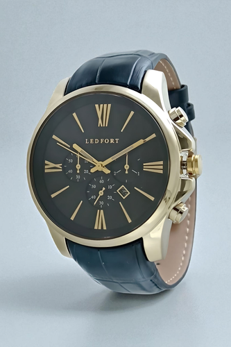 ساعت مچی مردانه لدفورت بند چرم مشکی قاب طلایی صفحه مشکی طرح سه موتوره تاریخ دار