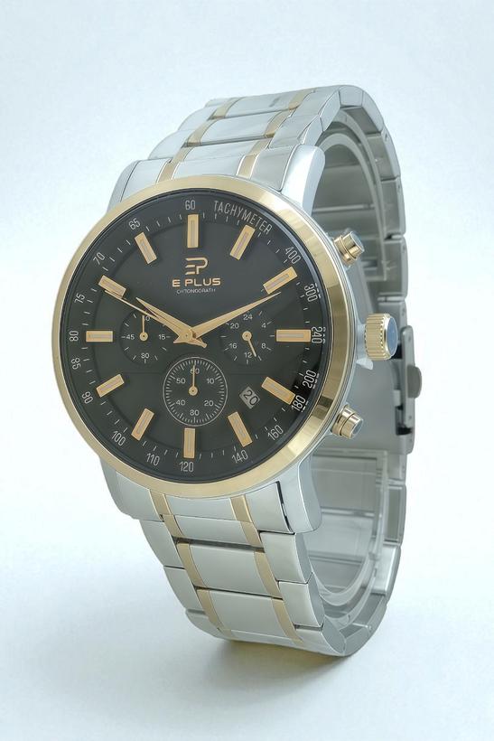 ساعت مردانه ای پلاس ،سه موتوره فعال با بند فلزی دو رنگ